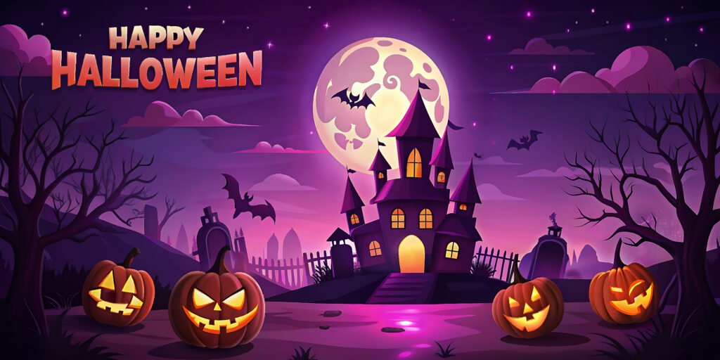 Halloween night moon structure with glowing pumpkins and background