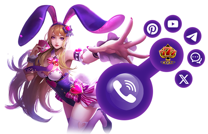 ပန်းနုရောင်နဲ့ခရမ်းရောင်ဝတ်စုံ၊ long blonde ဆံပင်ရှိတဲ့ fantasy-styled မိန်းကလေးက 777kyat viber ၊ Telegram၊ KY77 စတဲ့ platform icon တွေနဲ့ပတ်လည်ရှိနေတဲ့ promotional ပုံ။