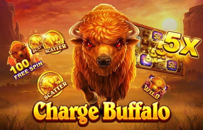 JILI ကျွဲစလော့ - JILI Charge Buffalo slot game with glowing buffalo, scatter coins, wild symbol, and 100 free spins